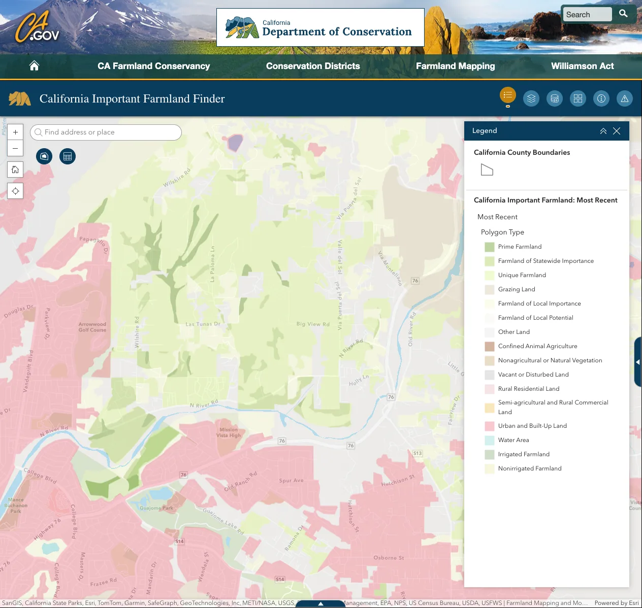 California Important Farmland Finder map of South Morro Hills, showing parcels designated Prime Farmland, Farmland of Statewide Importance, and Unique Farmland in shades of green, alongside urban and built-up land in pink