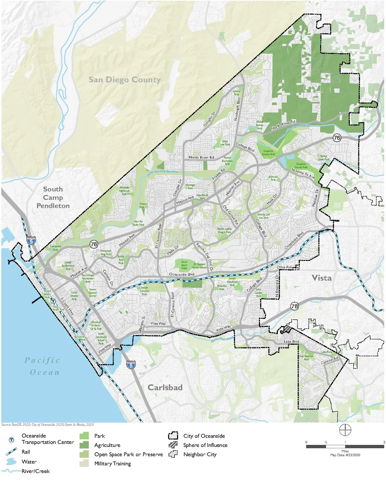 Map of Oceanside showing remaining agricultural land, concentrated in the northeast, with borders shared with Camp Pendleton, Bonsall, Fallbrook, Vista.